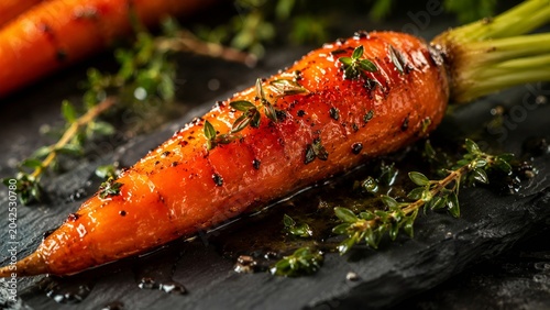 close-up of roasted carrot with fresh herbs on black slate