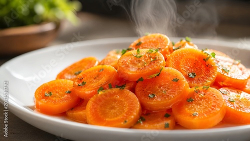plate of steaming sliced carrots with herbs and seasoning