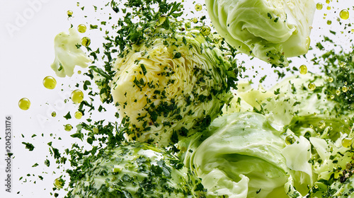 Exciting cabbage salad toss captured in freeze motion