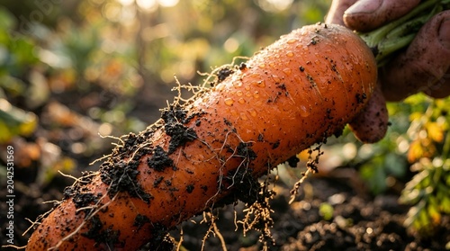 close-up of dirty fresh carrot held by adult Caucasian hand in garden for healthy eating concept