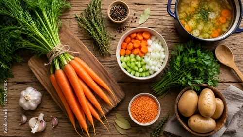 Photorealistic flat lay of fresh vegetables for healthy cooking and nutrition