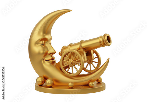 Golden cannon and cannonballs on crescent moon sculpture