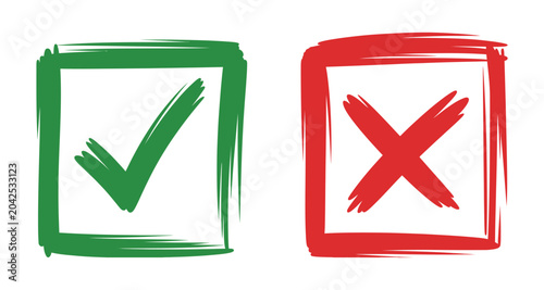 Tableau sur toile Green tick symbol and red cross sign in circle graphic showcasing pass and fail symbols for assessment, checklist, and feedback systems
