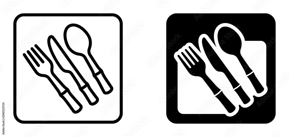 Obraz premium Flat design cutlery icons, black and white utensil symbols, fork spoon knife graphics, restaurant tableware signs