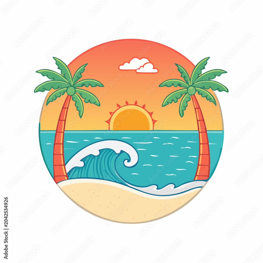 Fototapeta premium Tropical Beach Sunset with Palm Trees and Ocean Wave