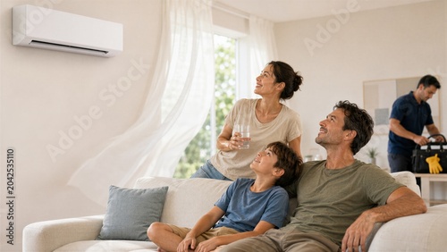 Family Looking at Wall Air Conditioner After Repair for Home Comfort