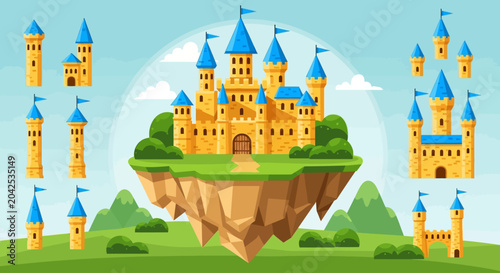 Bild auf Leinwand Floating fantasy castle in the air, magical kingdom concept, cartoon illustratio