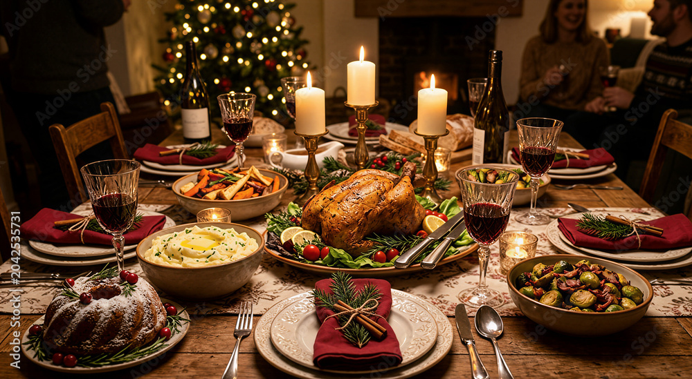 Fototapeta premium Traditional roasted christmas chicken served with fresh vegetables on festive table top.