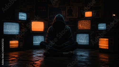Hooded figure seated among vintage televisions in dark room