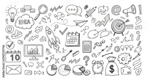 Business finance and marketing icons, flat line style illustrations, concept background