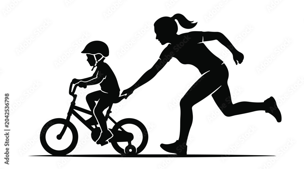 Obraz premium Woman helping child learn ride bicycle bike with training wheels outdoors in daytime with support and guidance