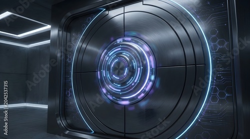 A futuristic room with a large circular door featuring a glowing blue and purple light in a dark metallic setting.