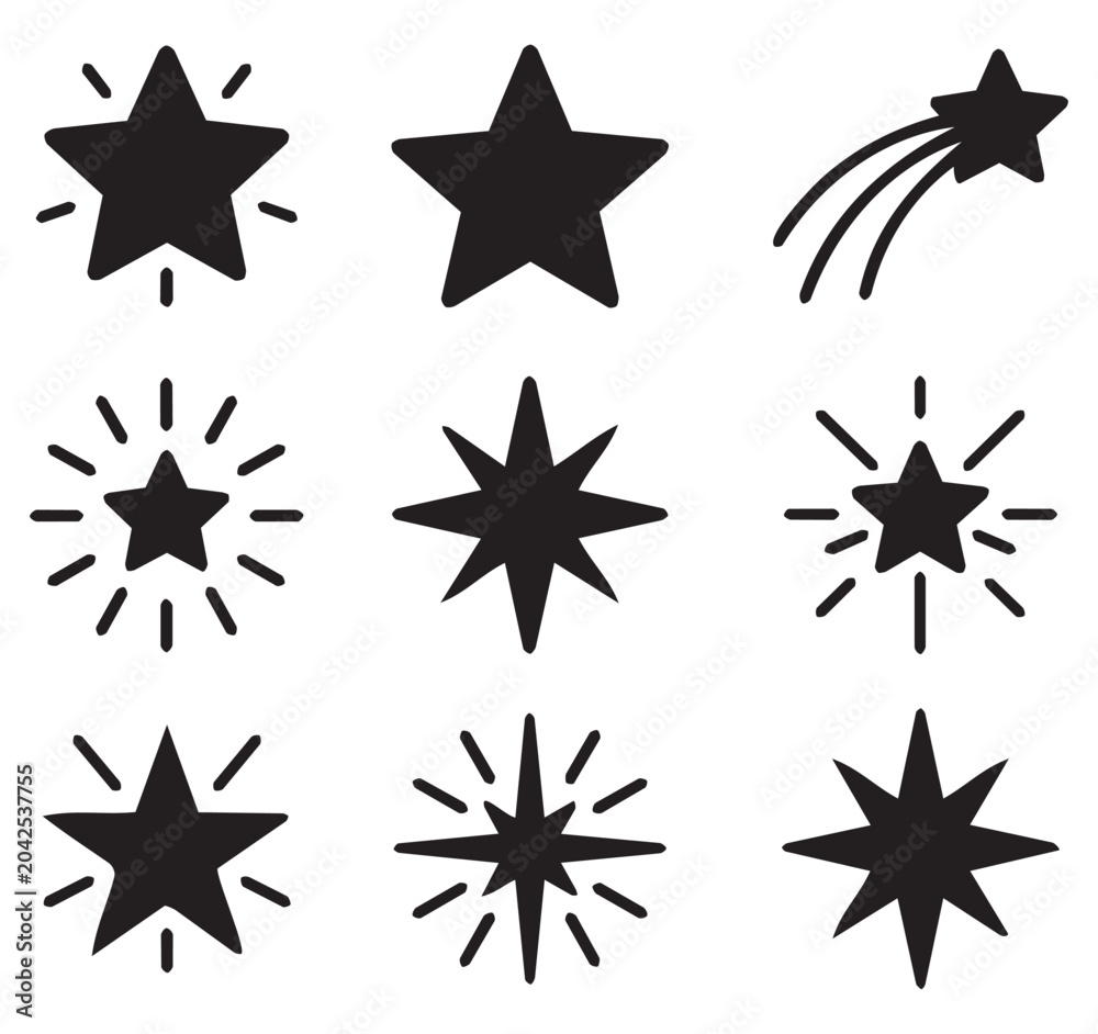 Obraz premium Star Burst Sparkle Icons Set Collection – Hand Drawn Decorative Star Shapes Vector