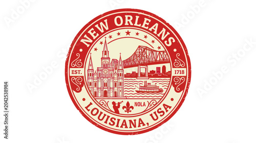 Bild auf Leinwand New Orleans Louisiana USA Emblem Stamp - French Quarter Mississippi River Bridge