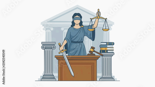 Illustration of Lady Justice with sword and scales, representing law and justice.