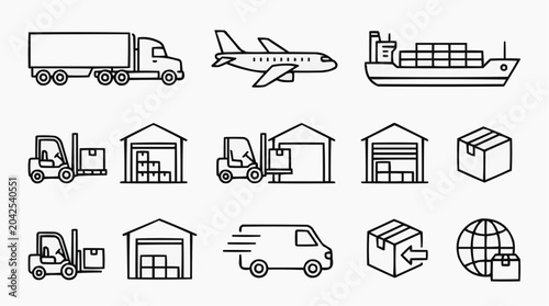 Set of icons representing logistics and transportation for the concept of shipping and delivery.