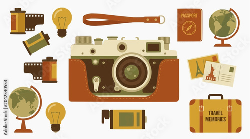 Collection of travel items including a camera, passport, and globes for the concept of travel and adventure.
