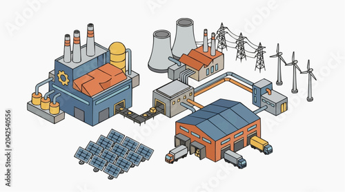 An illustration of a modern industrial complex showing multiple sources of energy generation.