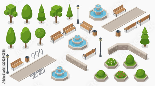 A collection of isometric park elements and city furniture for the concept of urban landscape design.