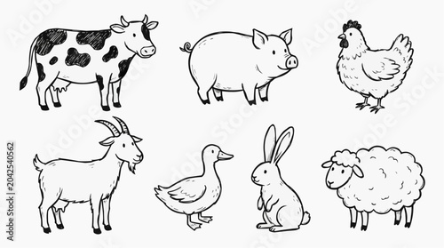 Farm animal drawing collection for concept of farming and agriculture.