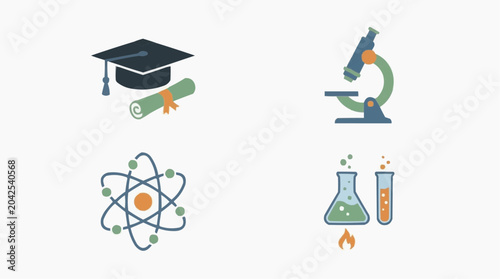 Four icons representing graduation, microscope, atom, and science experiment for the concept of science and education.