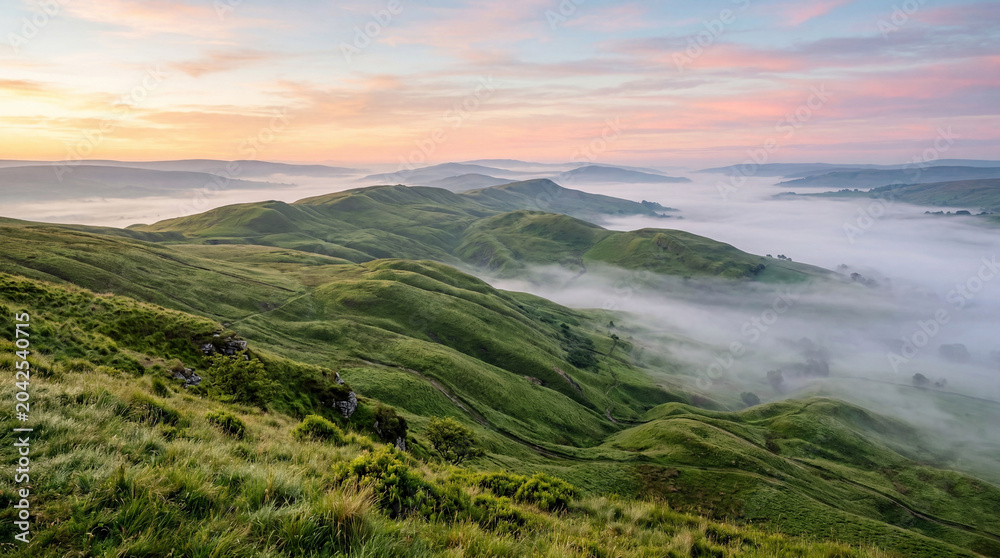 Fototapeta premium Scenic Vibrant Green Field Meadow Environment Glowing Under Colorful Early Morning Pastel Horizon Outdoor Atmosphere