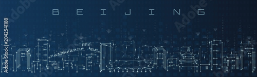 Beijing Smart City Skyline Vector in Circuit Board Style Futuristic Technology Background
