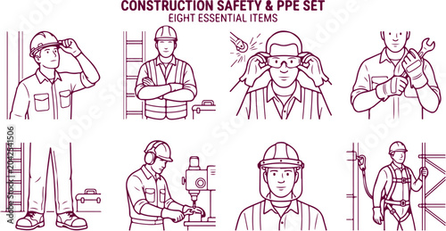 Quadro su tela Construction safety and ppe set workers wearing protective gear hard hat glasses earmuffs harness illustration vector outline