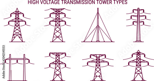 Bild auf Leinwand High voltage transmission tower types electricity pylons power line structures industrial infrastructure communication vector illustration