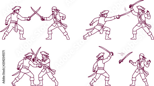 Foto Pirate sword fight illustration, pirates battling with sabers in various action poses for a dynamic combat scene