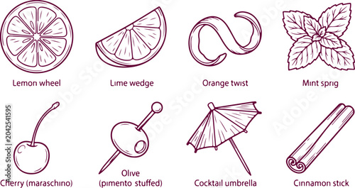 Photos Cocktail garnishes and ingredients, featuring lemon wheel, lime wedge, orange twist, mint, cherry, olive, umbrella, and cinnamon stick