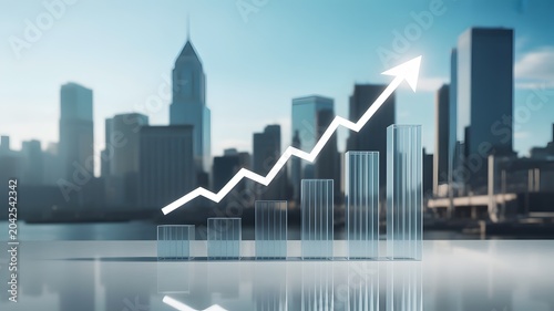 growth chart with city skyline background arrow bar graph statistics