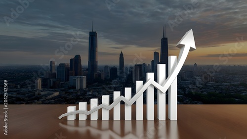 growth chart with city skyline backdrop bar graph arrow urban