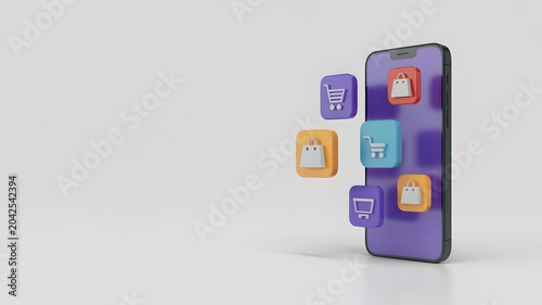 mobile phone with shopping icons on purple screen ecommerce retail