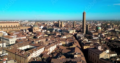 Aerial Views of Ancient Bologna, Italy: Historic Churches, the Iconic Tower, Timeless Architecture and Stunning Golden Light