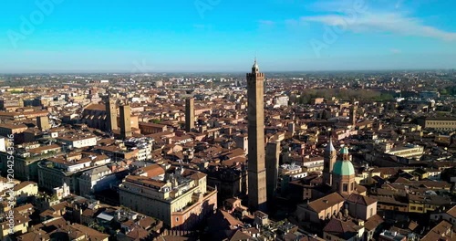Aerial Views of Ancient Bologna, Italy: Historic Churches, the Iconic Tower, Timeless Architecture and Stunning Golden Light