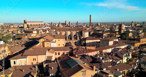 Aerial Views of Ancient Bologna, Italy: Historic Churches, the Iconic Tower, Timeless Architecture and Stunning Golden Light