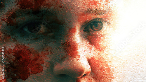 Abstract face red splash water drop glass texture close up human eye skin detail dramatic light frosted glass negative space