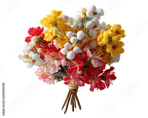 Colorful Floral Arrangement: A vibrant bouquet featuring a variety of artificial flowers in shades of red, yellow, and white, elegantly tied together with twine.