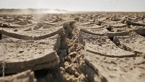 Cracked dry earth stretches toward a low sun, rough textures and deep fissures suggest drought and heat, a stark natural scene suited for climate and environment themes