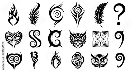 Tableau sur toile tattoo designs, tribal symbols, black and white, vector illustrations, tattoo ar