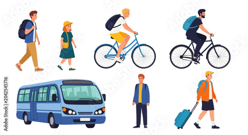 People commuting to work, walking, cycling, and traveling, daily life concept, transportation background