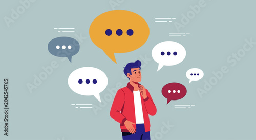Tableau sur toile Young man thinking with speech bubbles, communication concept, business backgrou