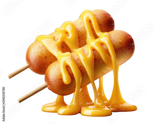 Golden Gooey Delights: Two corn dogs generously drizzled with melted cheese sauce, presented as a tempting snack.