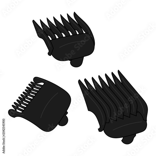 Three guide combs for professional hair clippers and barbering. Hair styling conceptThree guiding combs for professional hair clippers and barbering. Hair styling concept