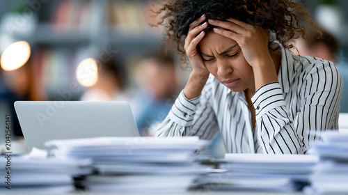 Close-up of an unrecognizable businesswoman holding her head in her hands while staring at a laptop screen surrounded by documents, workplace pressure concept, financial document