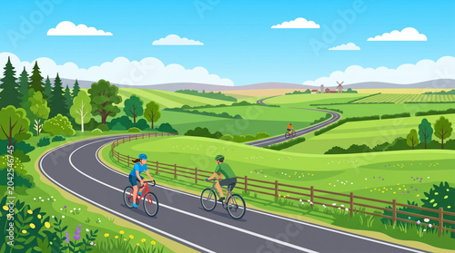緑豊かな田園地帯を走るサイクリングロードを描いた風景。
青空と自然が健康的なアウトドアライフを表現。
スポーツ、観光、地域振興、健康テーマに最適。