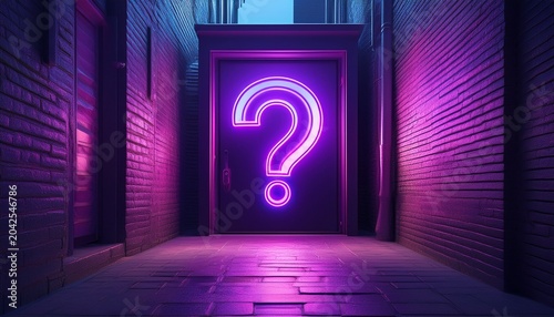 glowing purple neon question mark on a door in a dark alley