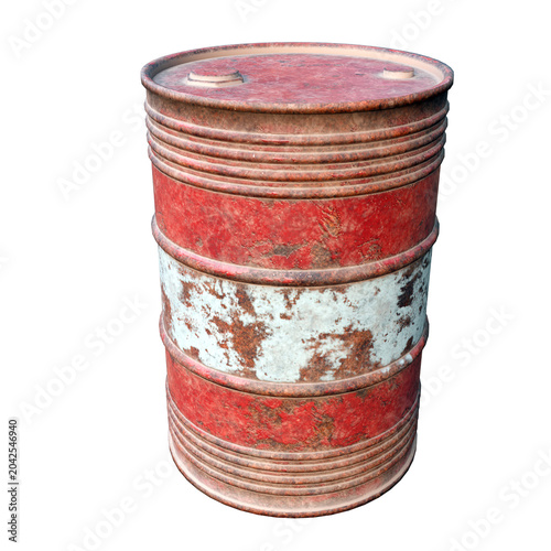 Rusty metal oil barrel drum with peeling white paint and heavy corrosion, isolated 3D rendered object. Vintage industrial storage container with grunge texture and worn steel surface.