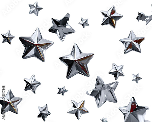 Silver Stars Collection: A scattered collection of shiny, silver, five-pointed stars, varying in size, gleaming against a clean backdrop. These festive elements evoke a sense of celebration.